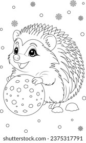 Coloring page a cute hedgehog rolling a snowball