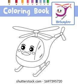 Coloring page of cute Helicopter cartoon character perspective view transportations for preschool kids activity educational worksheet. Vector Illustration.