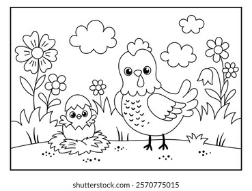 Coloring page with cute hen and chick in black and white. Vector illustration with mother and baby. Farm animals in cartoon style.