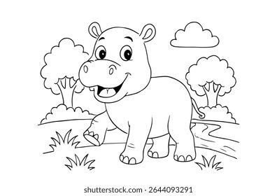 Página de colorir de hipopótamo bonito para crianças livro de colorir