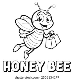 Coloring Page Cute Honey Bee Shopping Cartoon. Kawaii Animal Coloring Pages For Kids