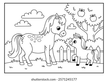 Coloring page with cute horse and foal in black and white. Vector illustration with mother and baby. Farm animals in cartoon style.