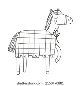 Coloring page with cute horse on white background. Fairy tale black and white contour vector illustration for a coloring book.