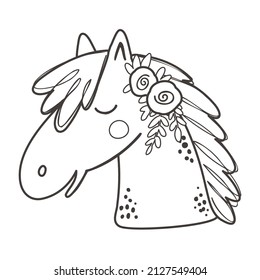 Coloring page with a cute horse. Outline vector illustration. Black and white illustration for a coloring book.