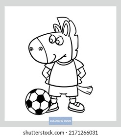 coloring page cute horse playing ball, cartoon vector illustration