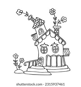 Coloring page with cute house and flowers. Coloring book. Sketch Vector illustration