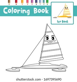 Coloring page of cute Ice Boat cartoon character side view transportations for preschool kids activity educational worksheet. Vector Illustration.