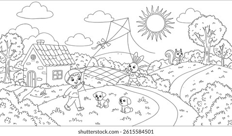 coloring page, cute illustration with a boy, bunny, house and more.