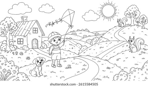coloring page, cute illustration with a boy, bunny, house and more.