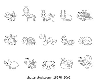 Coloring page with cute insects. Set of black and white bugs.