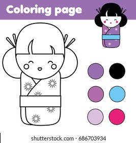 Coloring page with cute japanese kokeshi doll. Children educational game, drawing activity. Printable worksheet