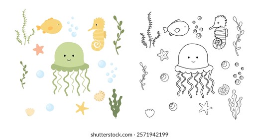 Coloring page of cute jellyfish, seahorse, fish. Sea life, shells, seaweed. Underwater life. Сhildren's vector coloring book with color example. Coloring page for kids.