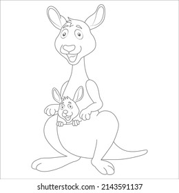 Coloring page. Cute kangaroo with baby in the pocket stand and smile in the forest. They are happy. There are trees, grass and flowers around. Kangaroo coloring pages.