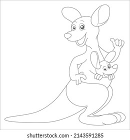 Coloring page. Cute kangaroo with baby in the pocket stand and smile in the forest. They are happy. There are trees, grass and flowers around. Kangaroo coloring pages.
