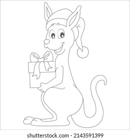 Coloring page. Cute kangaroo with baby in the pocket stand and smile in the forest. They are happy. There are trees, grass and flowers around. Kangaroo coloring pages.