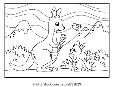 Coloring page with cute kangaroo in black and white. Vector illustration with mother and baby australian animals in cartoon style.