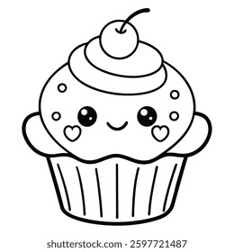 Coloring Page Cute Kawaii Cupcake Cartoon Outline Illustration
