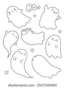 Coloring page with cute kawaii ghosts in doodle style. Halloween black and white coloring page illustration in doodle style