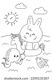 Página de coloreado de un lindo conejo kawaii nadando en el mar usando un anillo de piscina de unicornio.Libro de colorear antiestrés para adultos y niños