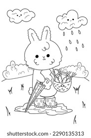 Coloring page of a cute kawaii rabbit in rubber boots and an umbrella holding a basket of carrots. Antistress coloring book for adults and children