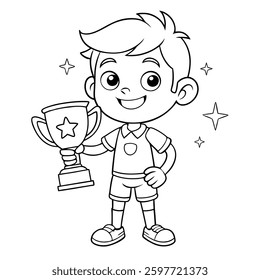Coloring Page Cute Kid Holding Trophy Cartoon Outline Illustration
