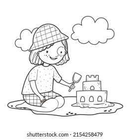 Coloring page with cute kid on the beach on white background. Summer time black and white contour vector illustration for a coloring book.