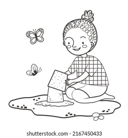 Coloring page with cute kid on the beach on white background. Summer time black and white contour vector illustration for a coloring book.