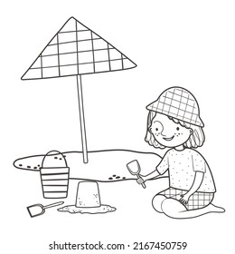 Coloring page with cute kid on the beach on white background. Summer time black and white contour vector illustration for a coloring book.