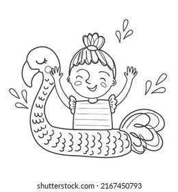 Coloring page with cute kid in the pool on white background. Summer time black and white contour vector illustration for a coloring book.