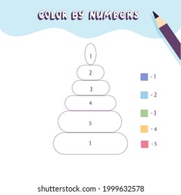 Coloring page with cute kid pyramide. Color by numbers. Educational kid game, drawing childrens activity, printable worksheet.