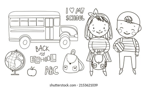 Coloring page with cute kid, school supplies, school bus and school bag on white background. Back to school black and white contour vector illustration for a coloring book.