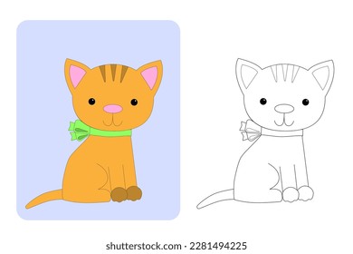 Coloring page. Cute kitten with a green bow.
