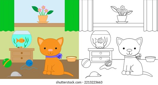 Coloring page. Cute kitten in the room. Game for kids.