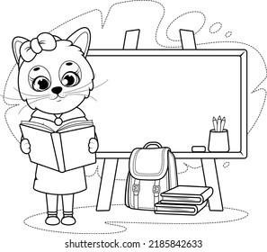 Coloring page. Cute kitty with a book, school board, briefcase, pencils and books