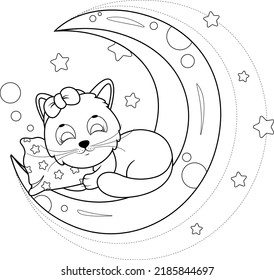 Coloring page. Cute kitty sleeps with a pillow on the moon