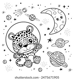 Coloring page with cute leopard astronaut in cartoon style, floating in space with planets, stars, and a smiling moon, perfect for children's coloring