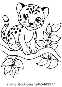 Coloring Page of a Cute Leopard Cub on a Tree Branch