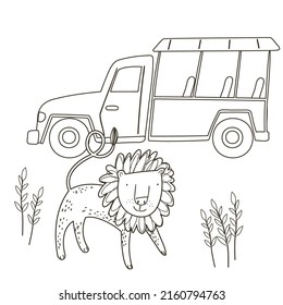 Coloring page with cute lion and safari truck on white background. Jungle black and white contour vector illustration for a coloring book.