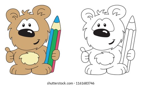 Coloring page of cute little bear with pencil for preschool kids activity educational worksheet. Vector artwork