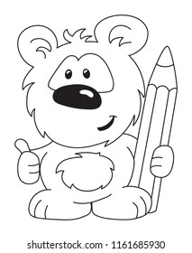 Coloring page of cute little bear with pencil for preschool kids activity educational worksheet. Vector artwork