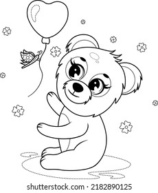 Coloring page. Cute little bear with a butterfly and a balloon