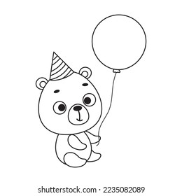 Coloring page cute little bear in birthday hat hold balloon. Coloring book for kids. Educational activity for preschool years kids and toddlers with cute animal. Vector stock illustration