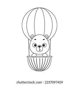 Coloring page cute little bear flying on hot air balloon. Coloring book for kids. Educational activity for preschool years kids and toddlers with cute animal. Vector stock illustration