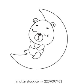 Coloring page cute little bear sleeping on moon. Coloring book for kids. Educational activity for preschool years kids and toddlers with cute animal. Vector stock illustration