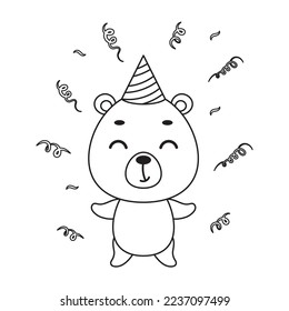 Coloring page cute little bear in birthday hat. Coloring book for kids. Educational activity for preschool years kids and toddlers with cute animal. Vector stock illustration
