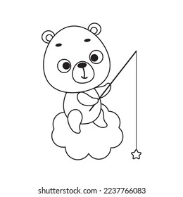 Coloring page cute little bear fishing star on cloud. Coloring book for kids. Educational activity for preschool years kids and toddlers with cute animal. Vector stock illustration