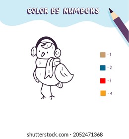 Coloring page with cute little bird. Color by numbers. Educational kid game, drawing childrens activity, printable worksheet.