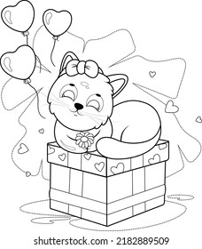 Coloring page. Cute little cat with balloons, hearts and a gift