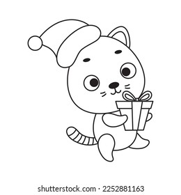 Coloring page cute little cat carries gift box. Coloring book for kids. Educational activity for preschool years kids and toddlers with cute animal. Vector stock illustration