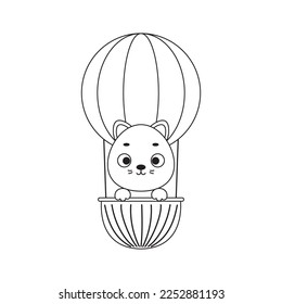 Coloring page cute little cat flying on hot air balloon. Coloring book for kids. Educational activity for preschool years kids and toddlers with cute animal. Vector stock illustration